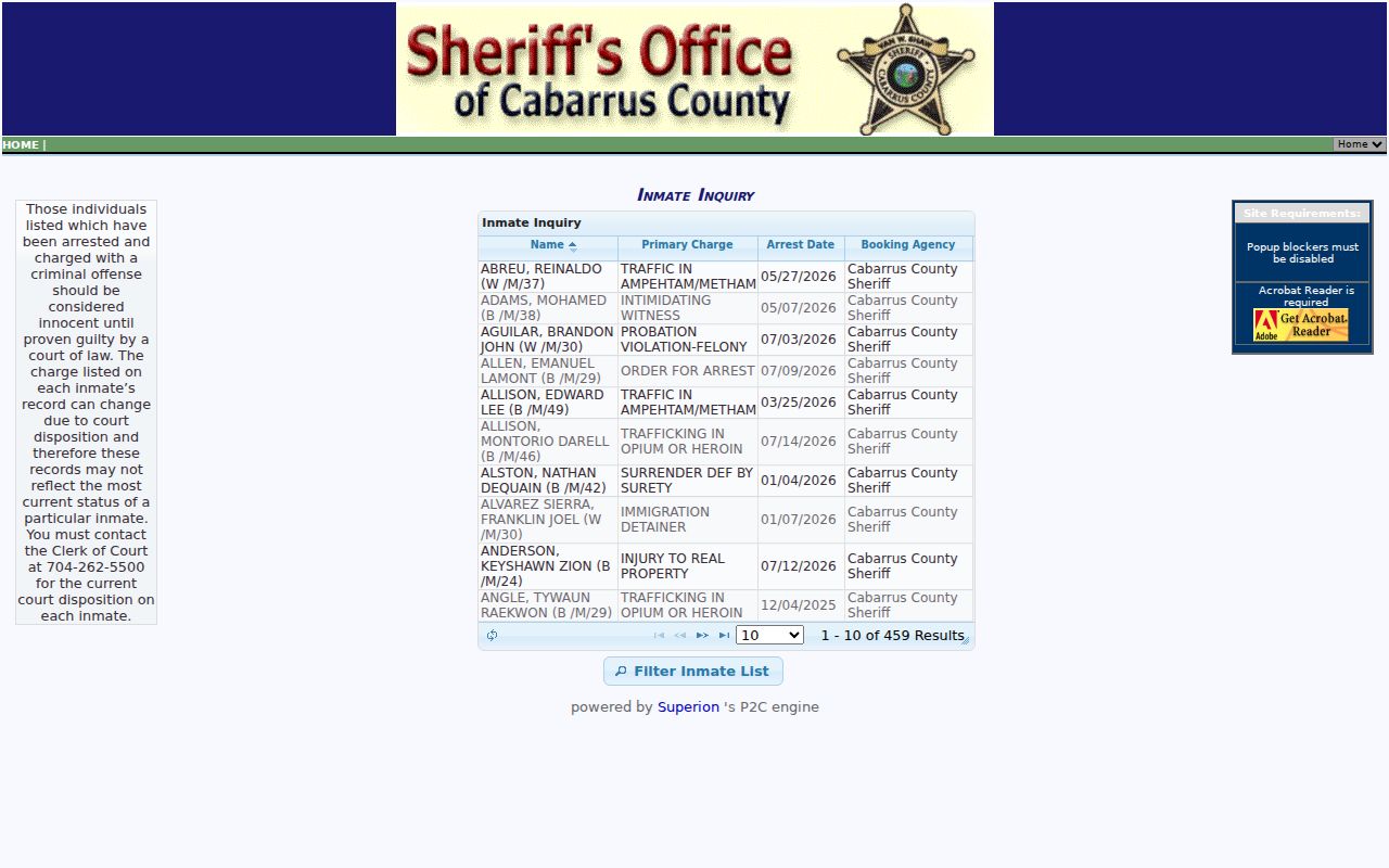 Cabarrus County arrest record inmate inquiry