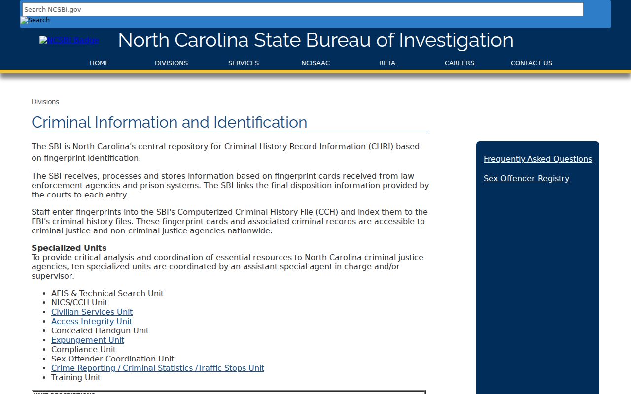 Cabarrus County criminal history SBI fingerprint repository
